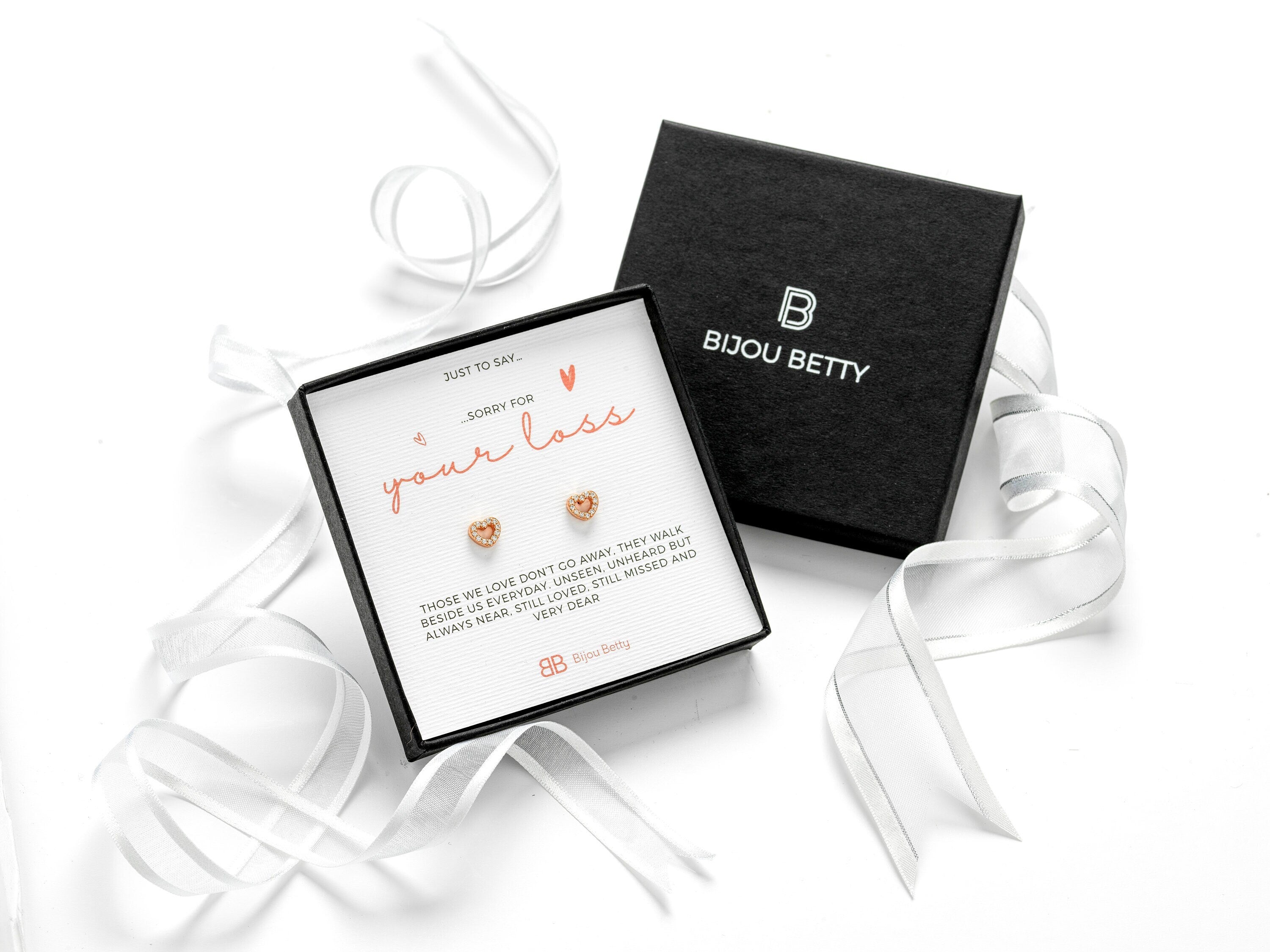 Sterling silver sympathy earrings with CZ hearts in Bijou Betty gift box.