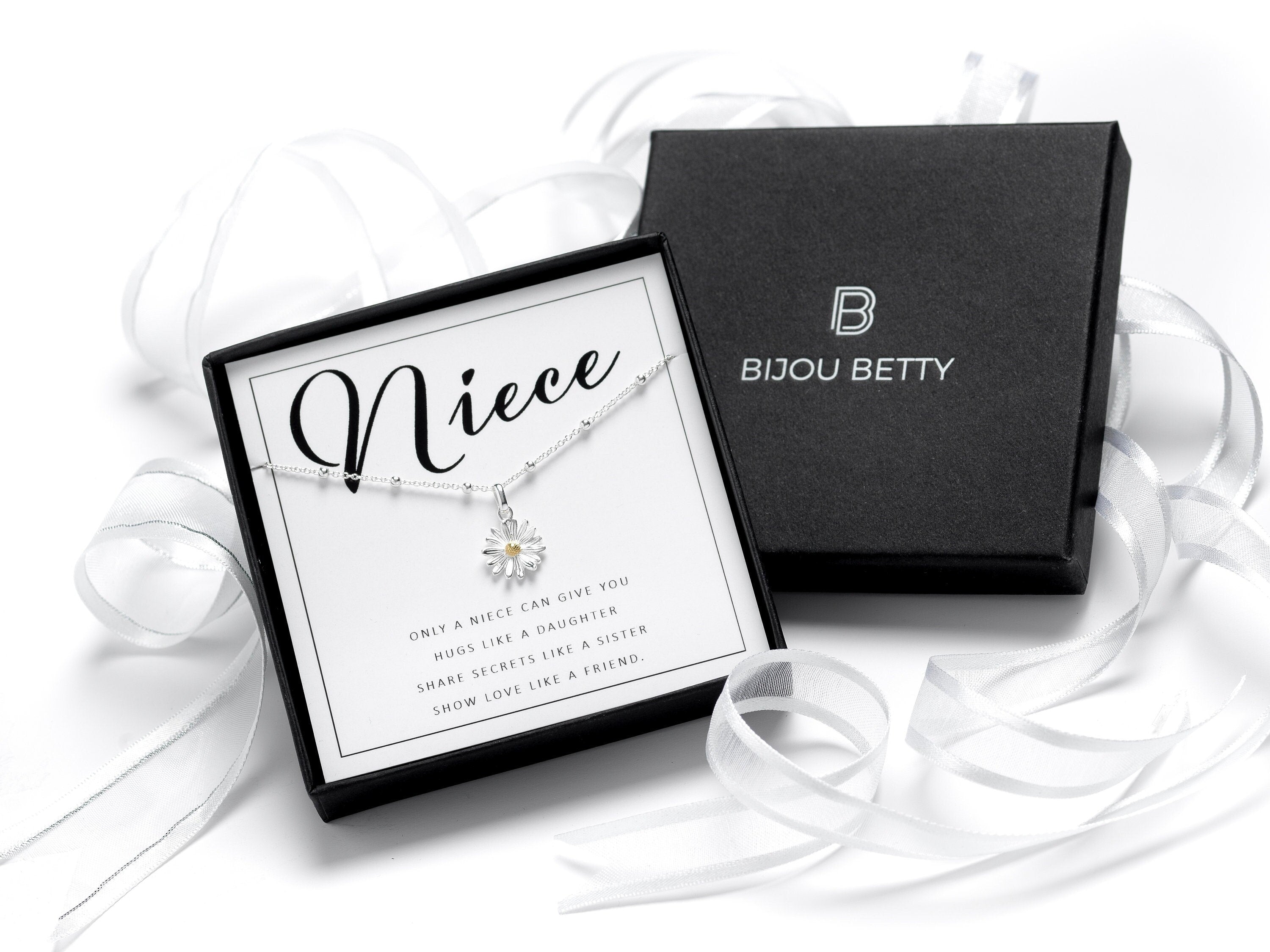 Sterling silver daisy necklace gift for niece, 12mm pendant, 16-18 inch chain, in Bijou Betty gift box with bag and card.