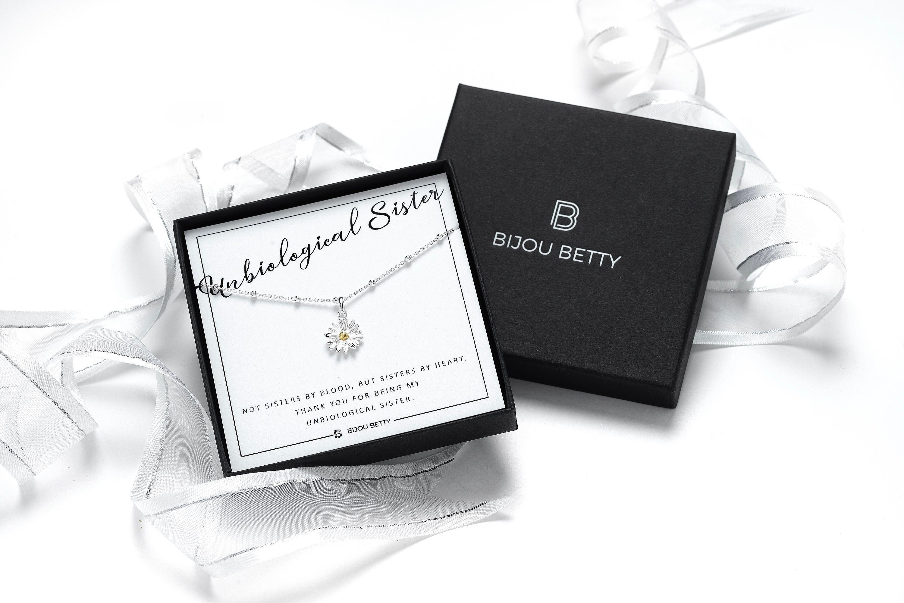 Sterling silver daisy necklace gift for best friend, 12mm gold-plated pendant, 16-18 inch chain, in Bijou Betty gift box.