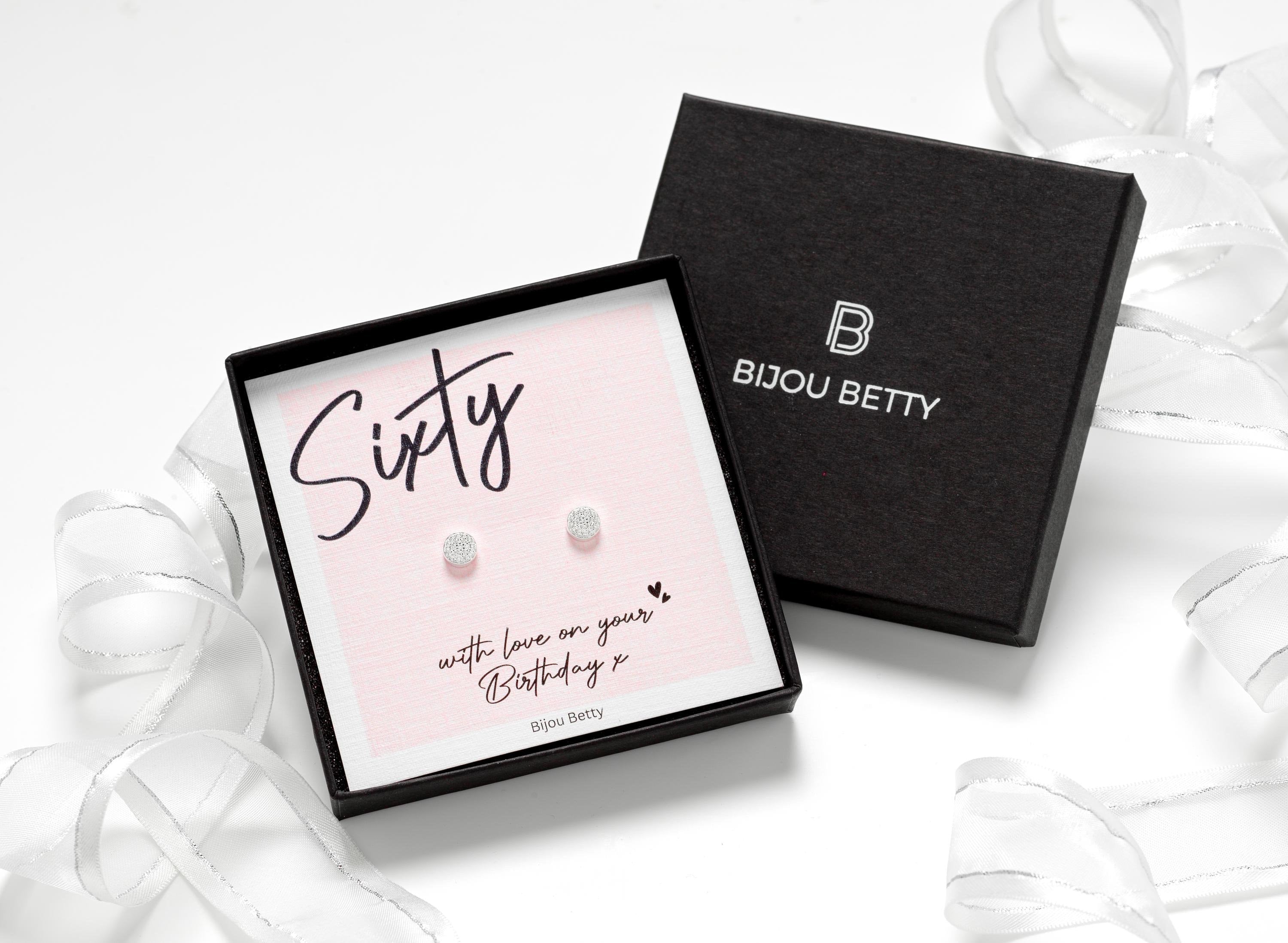 Sterling silver 60th birthday earrings gift for her, 6mm CZ circle studs, in Bijou Betty gift box with bag and card.