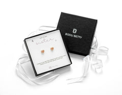 Sterling silver heart earrings with cubic zirconia stones in Bijou Betty gift box.