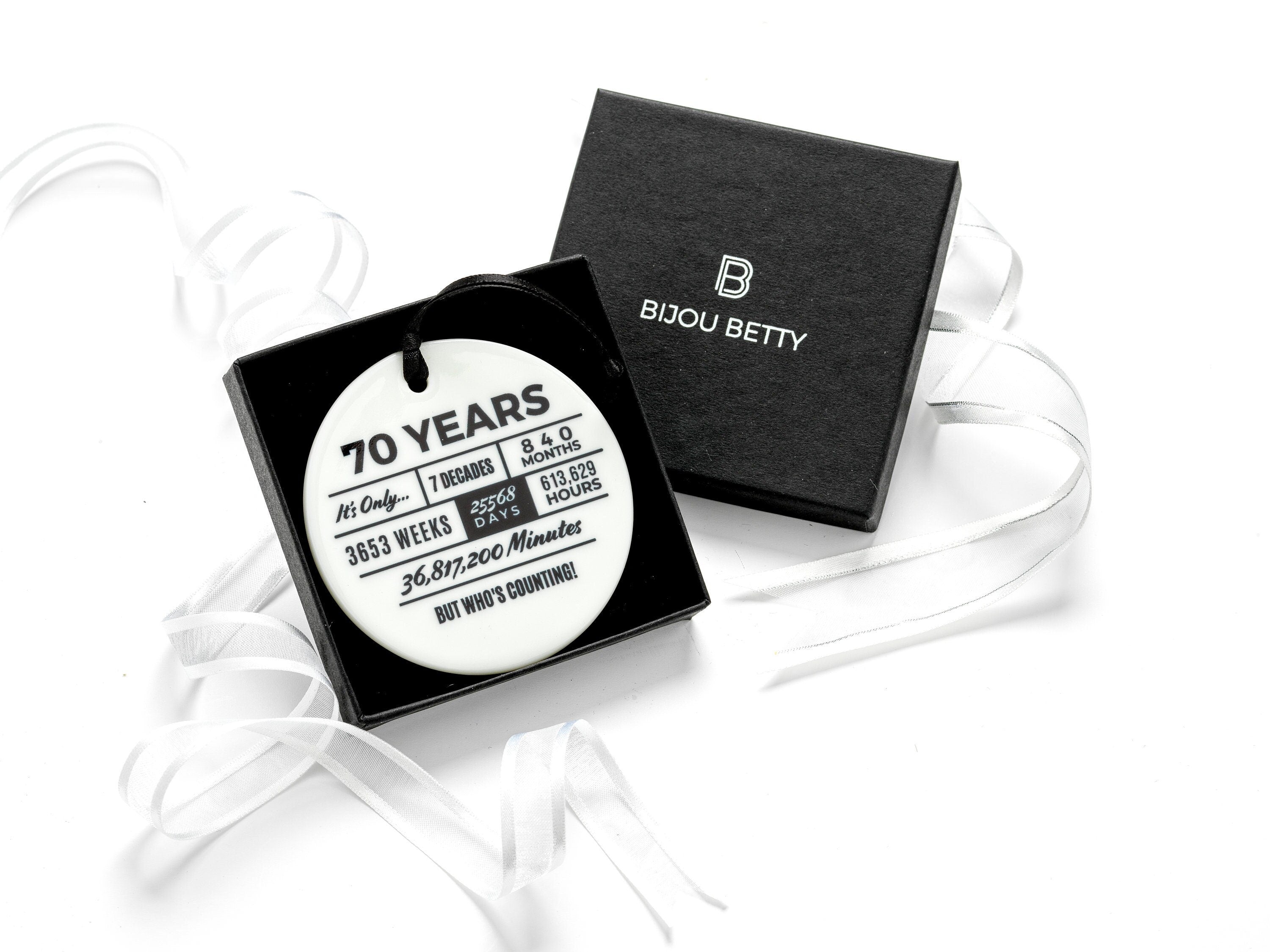 Ceramic 70th birthday keepsake ornament optional Bijou Betty gift box and bag.