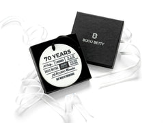 Ceramic 70th birthday keepsake ornament optional Bijou Betty gift box and bag.