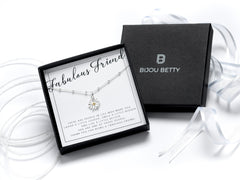 Sterling silver daisy necklace, 12mm pendant, friend gift, 925 silver, 16–18in satellite chain, in Bijou Betty gift box with bag.