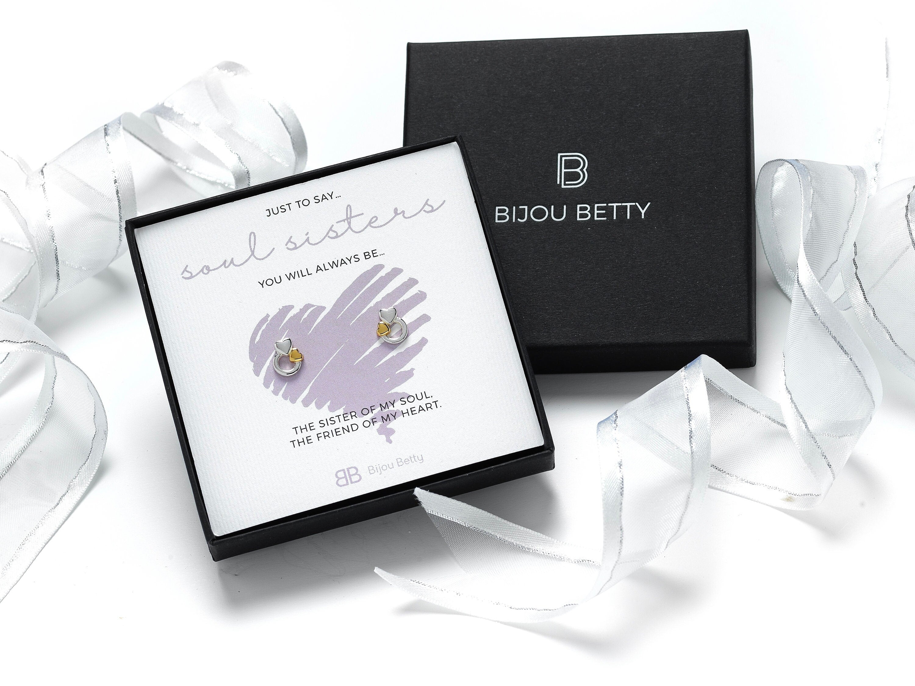 Sterling silver best friend heart earrings in Bijou Betty gift box.