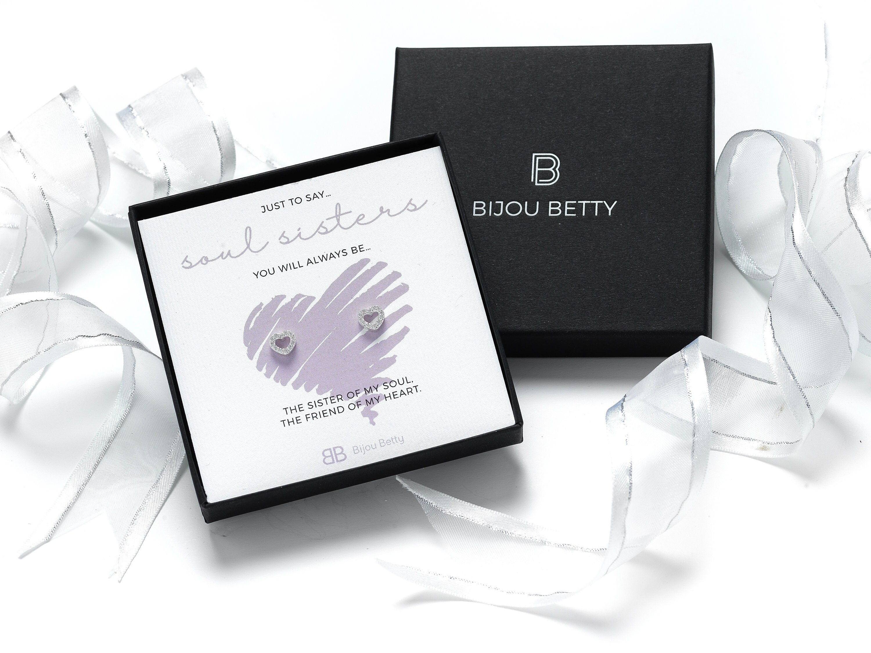 Sterling silver best friend heart earrings in Bijou Betty gift box.