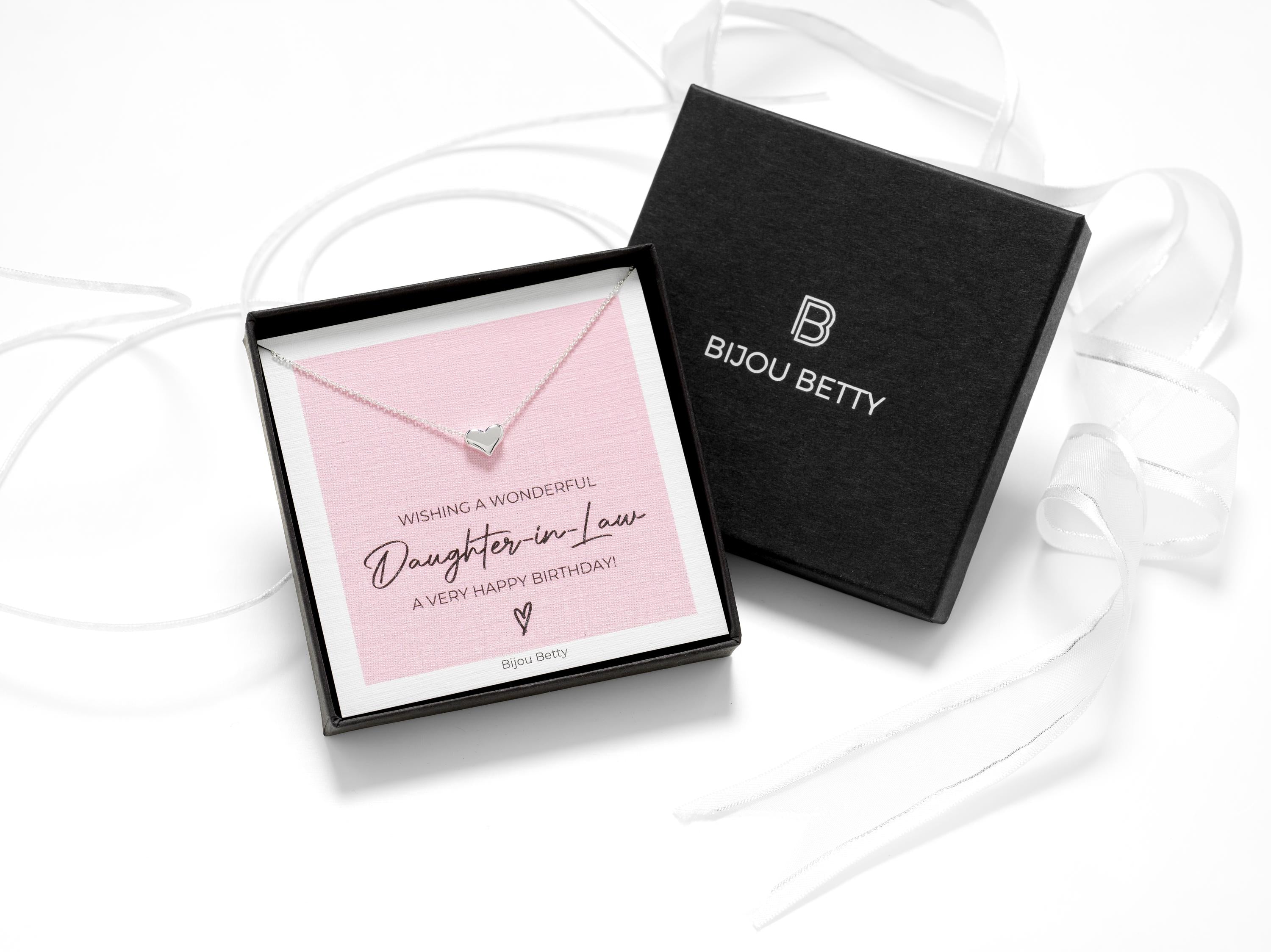 Daughter-in-Law birthday gift, silver heart necklace in gift box.