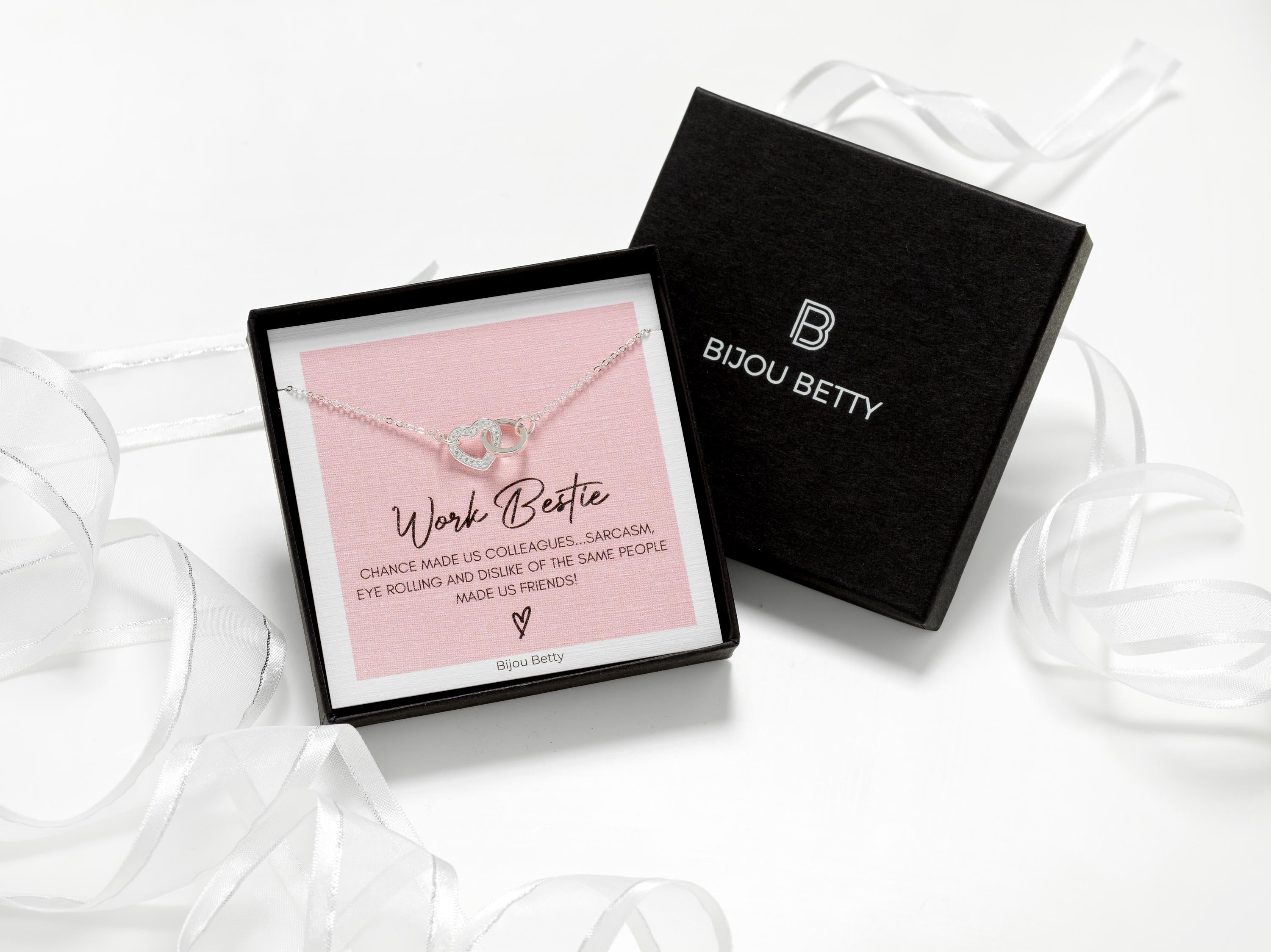 Bijou Betty’s work bestie necklace gift set, 925 silver heart and circle pendant in gift box with bag, tissue, and card: Work Bestie - Chance made us colleagues…
