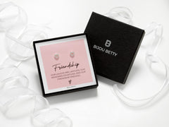 Bijou Betty’s friendship gift set, 925 silver heart stud earrings in gift box with bag, tissue, and card.