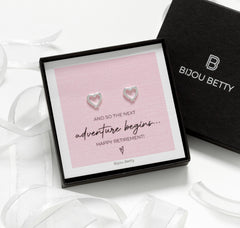 Bijou Betty’s retirement gift set, 925 silver open heart stud earrings in gift box with bag, tissue, and card.