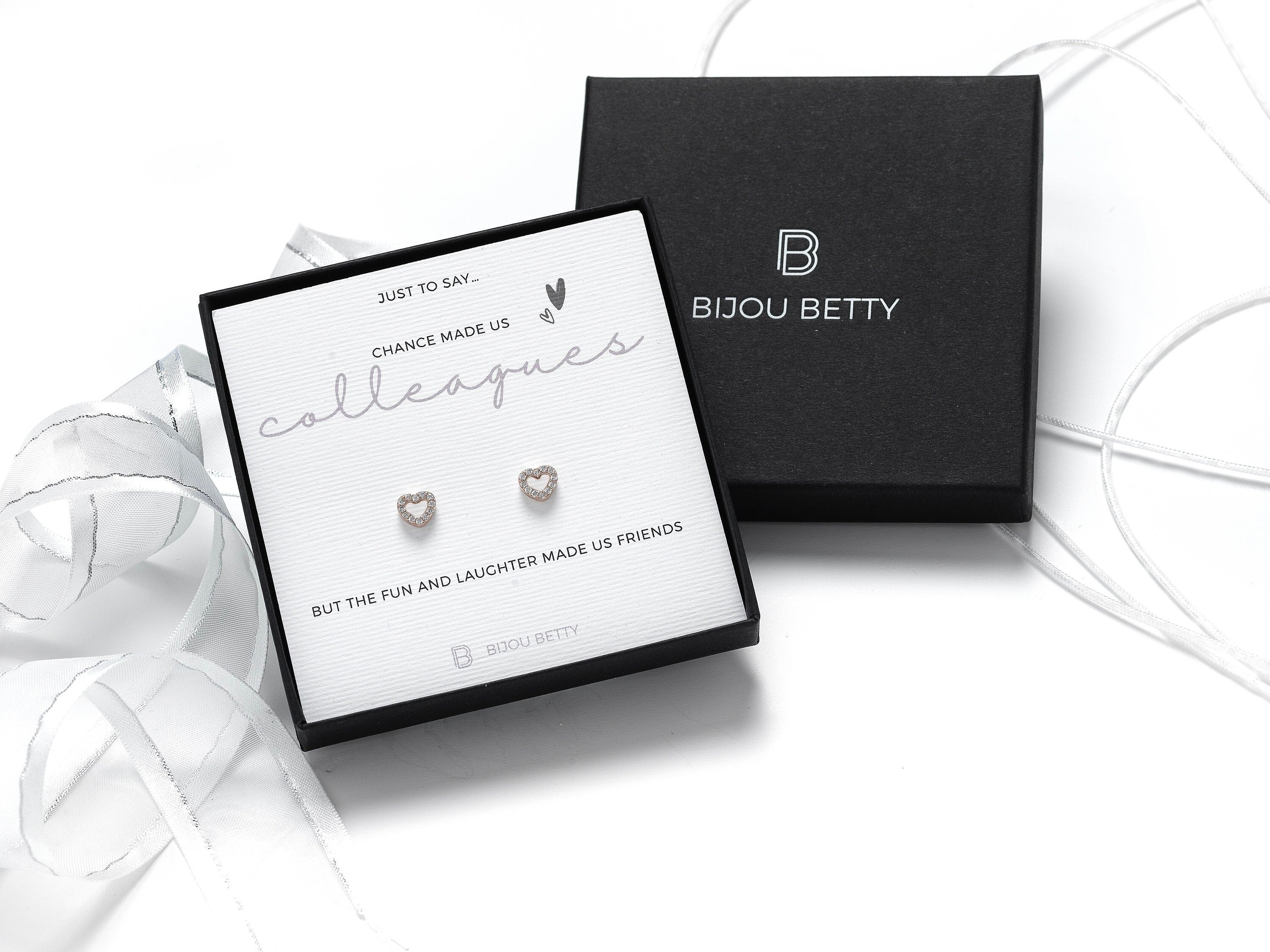 Sterling silver colleague gift heart earrings, 6mm x 7mm CZ studs, in Bijou Betty gift box with friendship card.