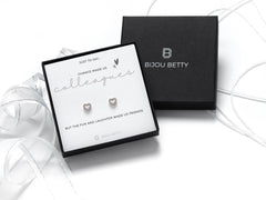 Sterling silver colleague gift heart earrings, 6mm x 7mm CZ studs, in Bijou Betty gift box with friendship card.
