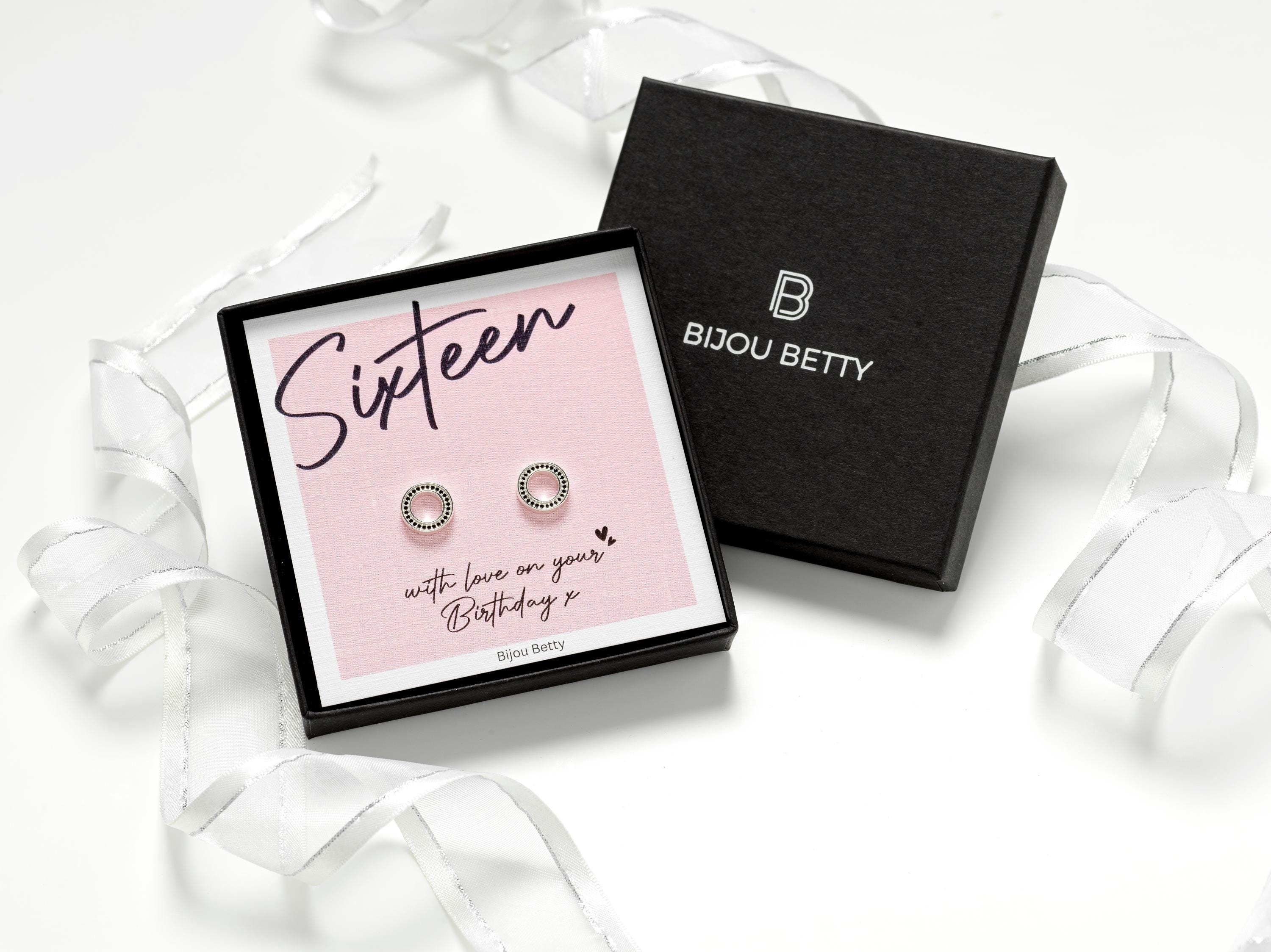 Sterling silver 16th birthday open circle earrings gift, 8mm black CZ studs, in Bijou Betty gift box with bag and card.