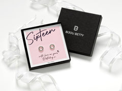 Sterling silver 16th birthday open circle earrings gift, 8mm black CZ studs, in Bijou Betty gift box with bag and card.
