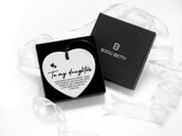 Bijou Betty’s daughter gift 75mm ceramic heart keepsake, tissue-wrapped in gift box.
