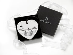 Bijou Betty’s daughter gift 75mm ceramic heart keepsake, tissue-wrapped in gift box.