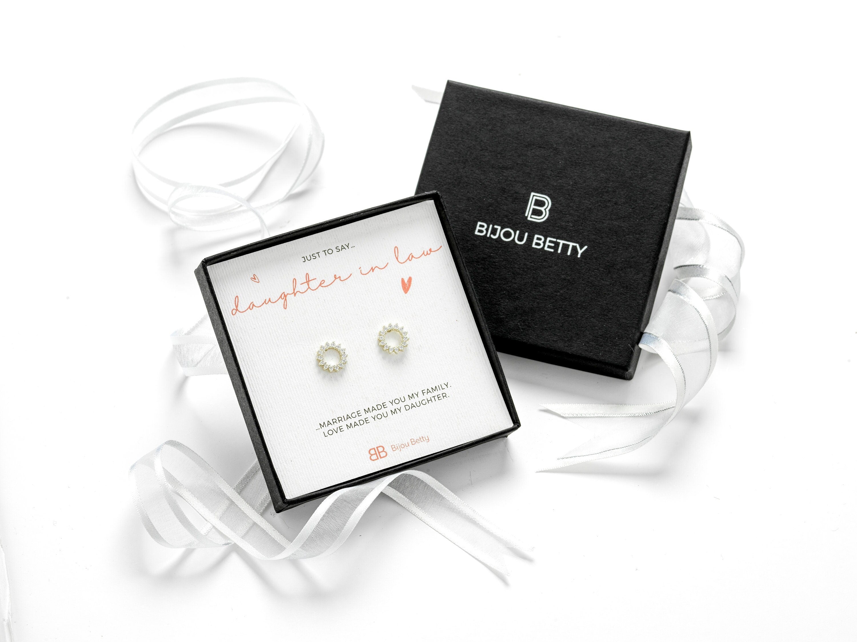 Sterling silver daughter-in-law gift earrings, 10mm zirconia studs, gold options, in Bijou Betty gift box with bag and card.