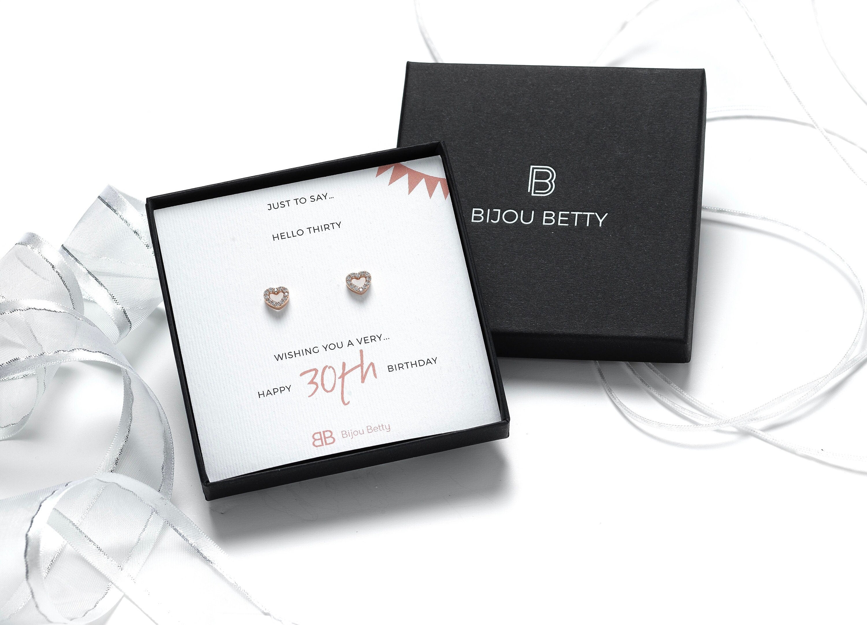30th 40th 50th 60th sterling silver birthday earrings gift, 6mm x 7mm CZ heart studs, in Bijou Betty gift box.