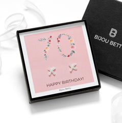 Sterling silver 70th birthday kiss stud earrings with CZ stones, 10mm x 10mm, in Bijou Betty gift box with card.