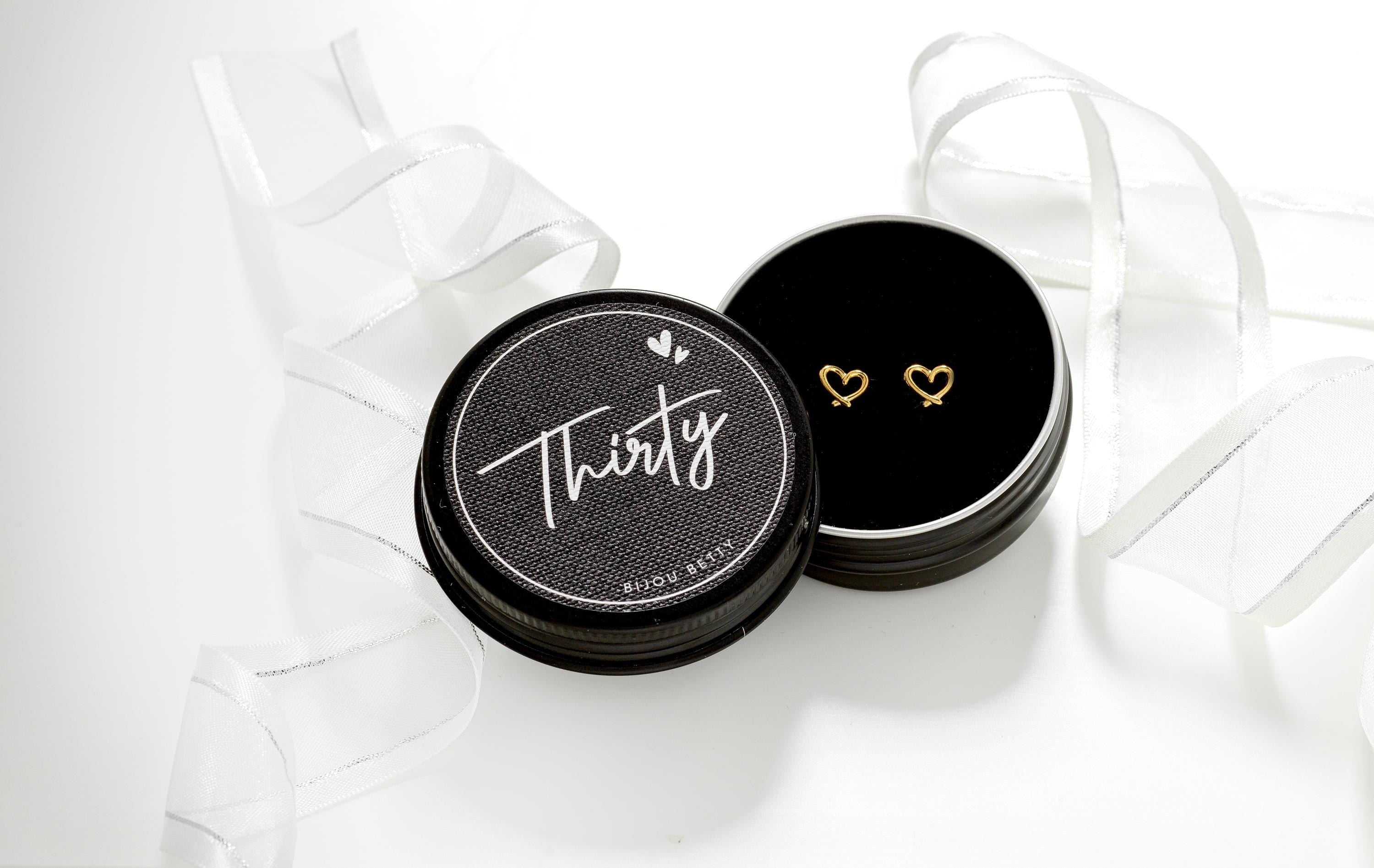 Gold-plated stainless steel 7mm heart stud earrings in Bijou Betty gift box with 30th birthday card, ideal for daughters.