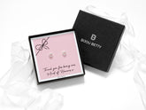 Sterling silver 6mm x 7mm open-heart stud earrings in Bijou Betty gift box with maid of honour thank you card.