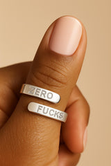 Model wearing Stainless Steel Zero Fucks Ring.
