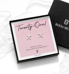 Bijou Betty 21st birthday earrings with gift bag, tissue, and personalised tag for milestone celebrations.