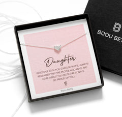 Close up of sterling silver daughter necklace, 9mm x 8mm heart pendant, 925 silver or gold plate, 16–18in chain, gift for daughter, in Bijou Betty gift box.