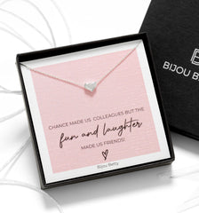 Close up of sterling silver colleague gift necklace, 9mm heart pendant, 925 silver or gold plate, 16–18in chain, gift for work friend, in Bijou Betty gift box.