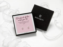 Sterling silver 6mm open-heart stud earrings in Bijou Betty gift box with proud of you card, ideal for daughters.