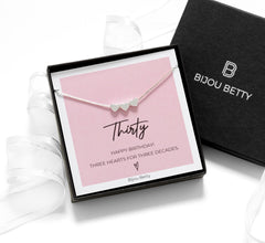 Sterling silver 30th birthday necklace, 6mm heart pendants, 925 silver, 16–18in chain, gift for daughter, in Bijou Betty gift box.