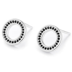 Sterling silver open circle stud earrings with black cubic zirconia stones.