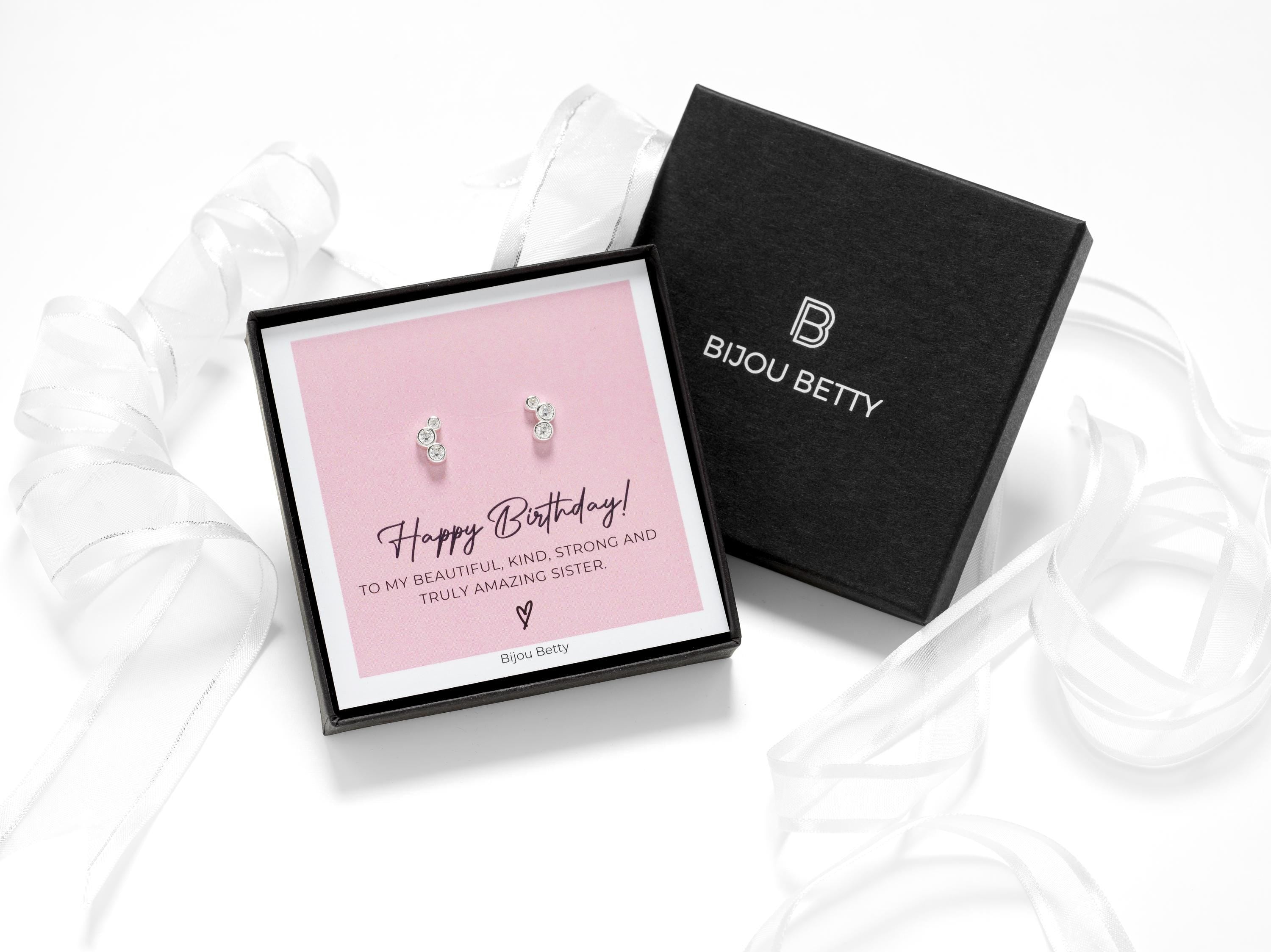 Sterling silver sister birthday earrings, 9.5mm CZ heart studs, 925 silver, gift for sister, in Bijou Betty gift box.