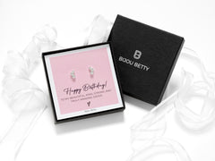 Sterling silver sister birthday earrings, 9.5mm CZ heart studs, 925 silver, gift for sister, in Bijou Betty gift box.