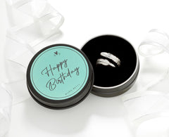Adjustable solid silver feather ring in a Happy Birthday gift box.