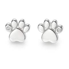 Close up of sterling silver paw print stud earrings with cz stone.