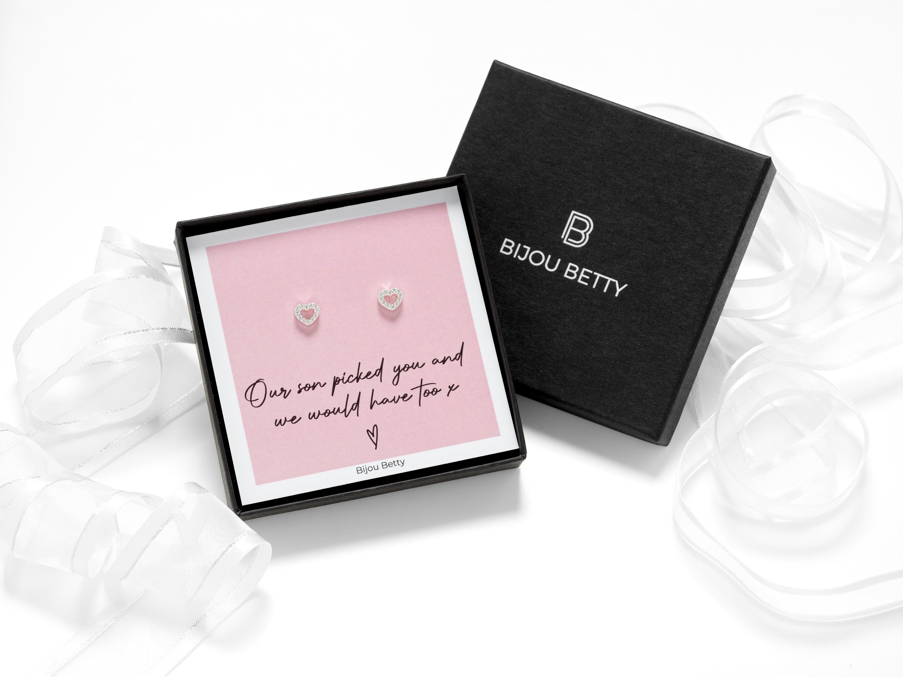 Sterling silver daughter-in-law earrings, 6mm x 7mm CZ heart studs, 925 silver, wedding gift, in Bijou Betty gift box.