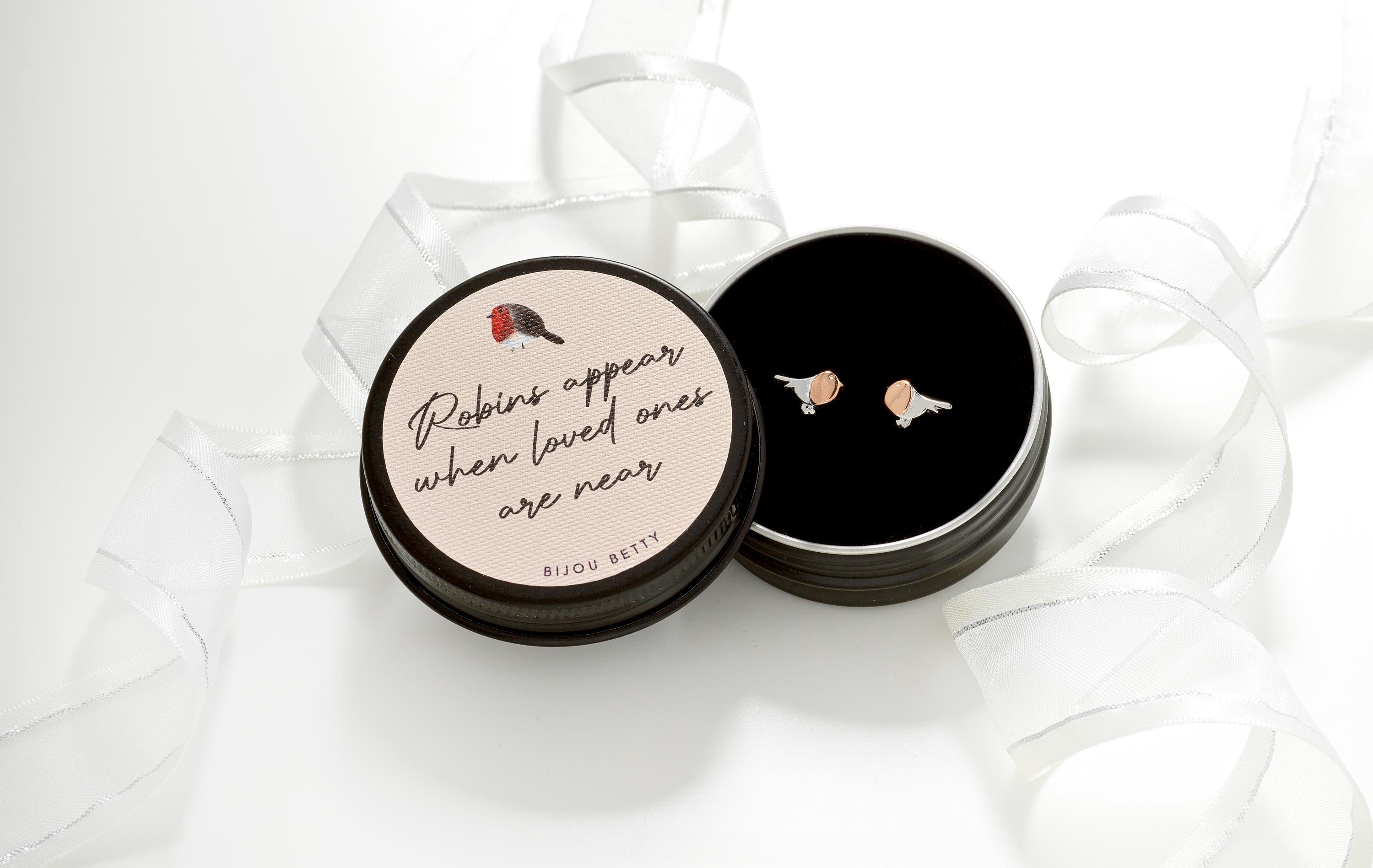 Bijou Betty’s robin stud earrings gift set, with 925 sterling silver rose gold-plated studs in a gift box with the quote, Robins appear when loved ones are near. Optional gift bag.