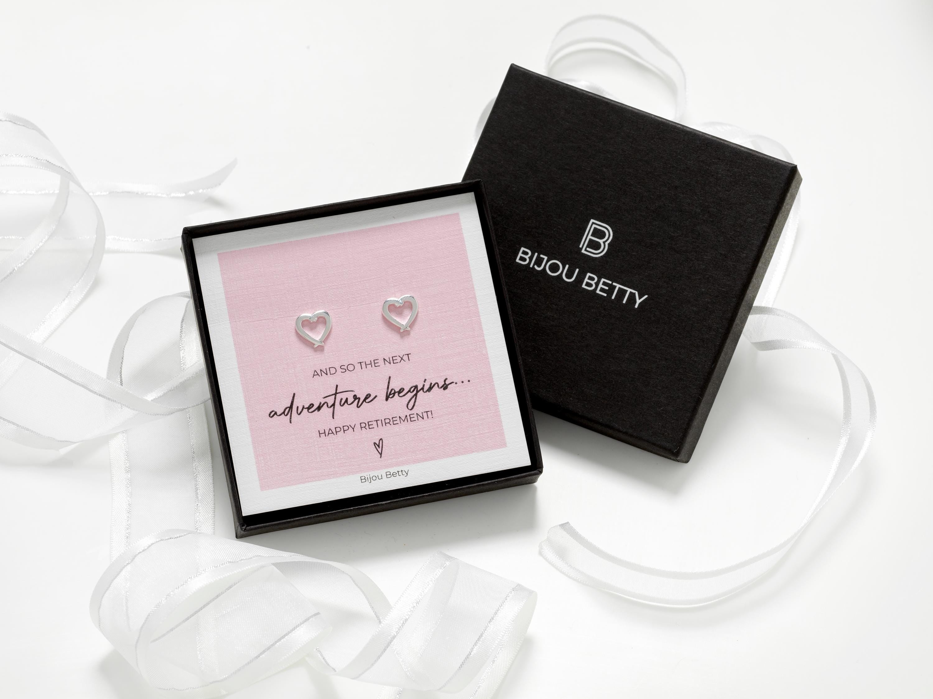 Bijou Betty’s retirement gift set, 925 silver heart stud earrings in gift box with bag, tissue, and card: And so the next adventure begins…