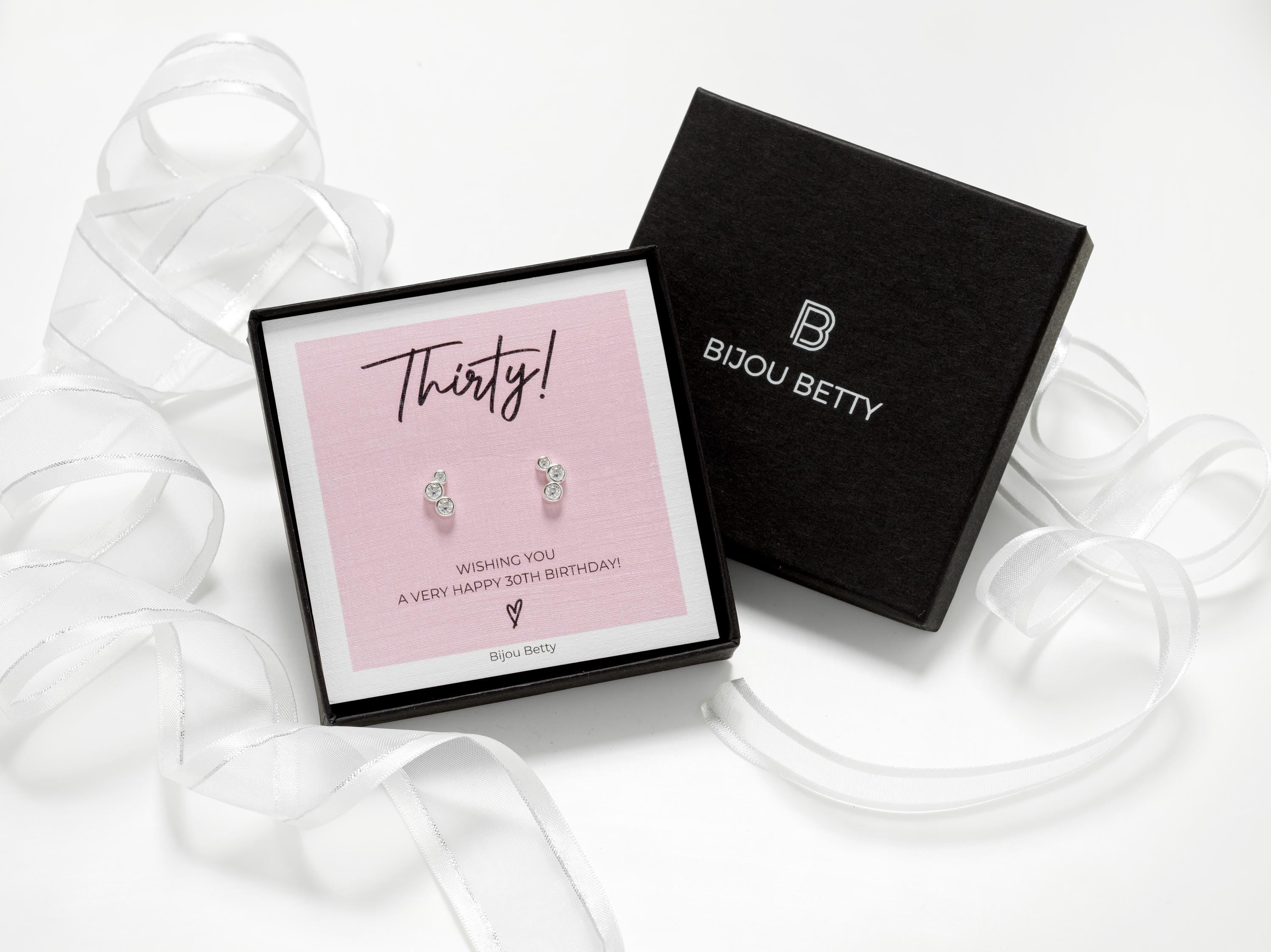 Bijou Betty’s 30th birthday gift set, 925 silver stud earrings in gift box with bag, tissue, and card: Thirty! Wishing you a very happy 30th birthday!”