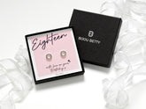 Sterling silver 18th birthday earrings gift, 8mm black CZ circle studs, in Bijou Betty gift box with bag and ribbon.