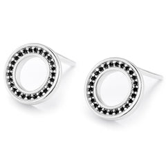 Sterling silver open circle earrings with black cz stones.