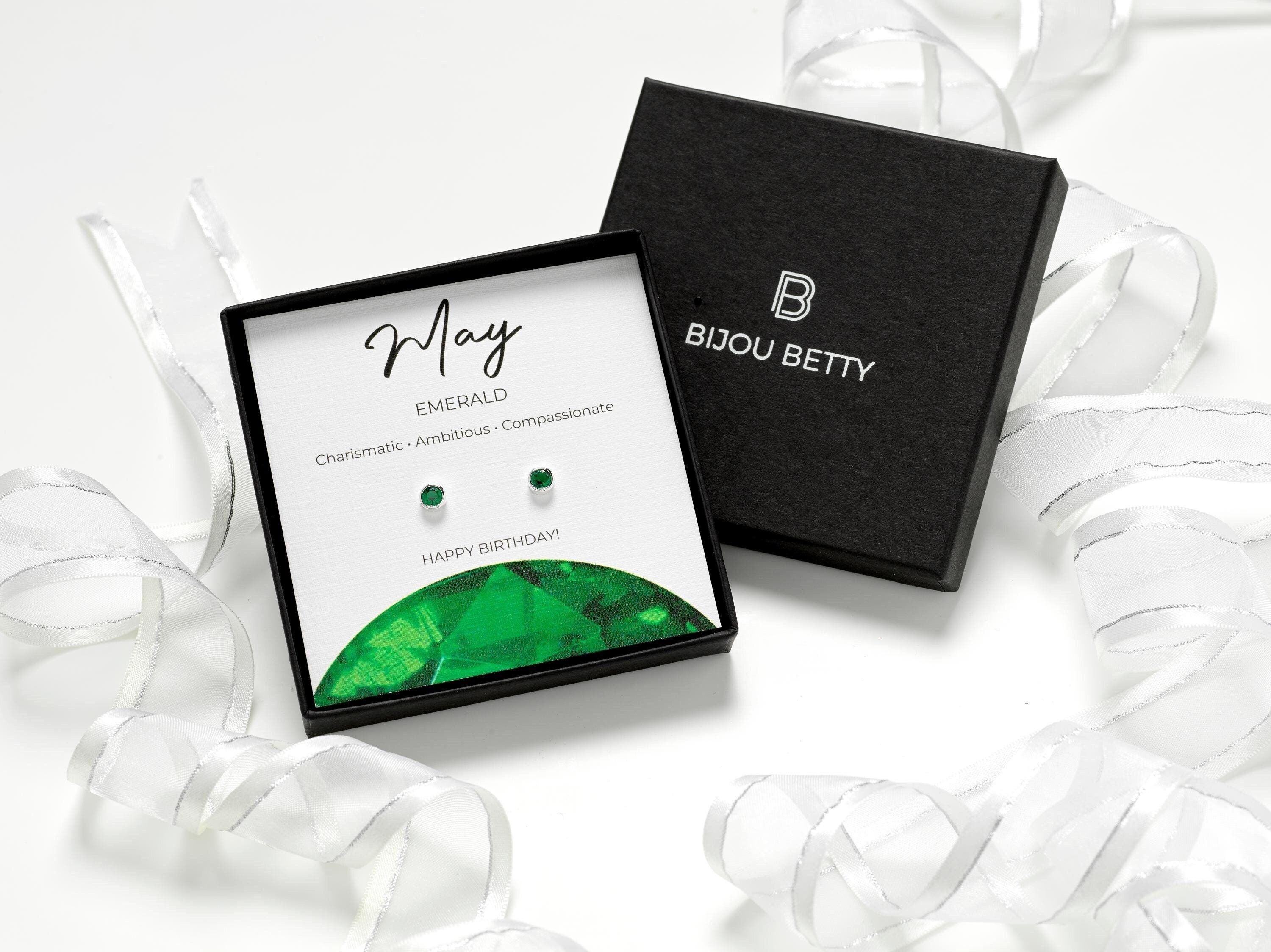 Sterling silver May birthstone earrings with 5mm emerald CZ studs in Bijou Betty gift box.