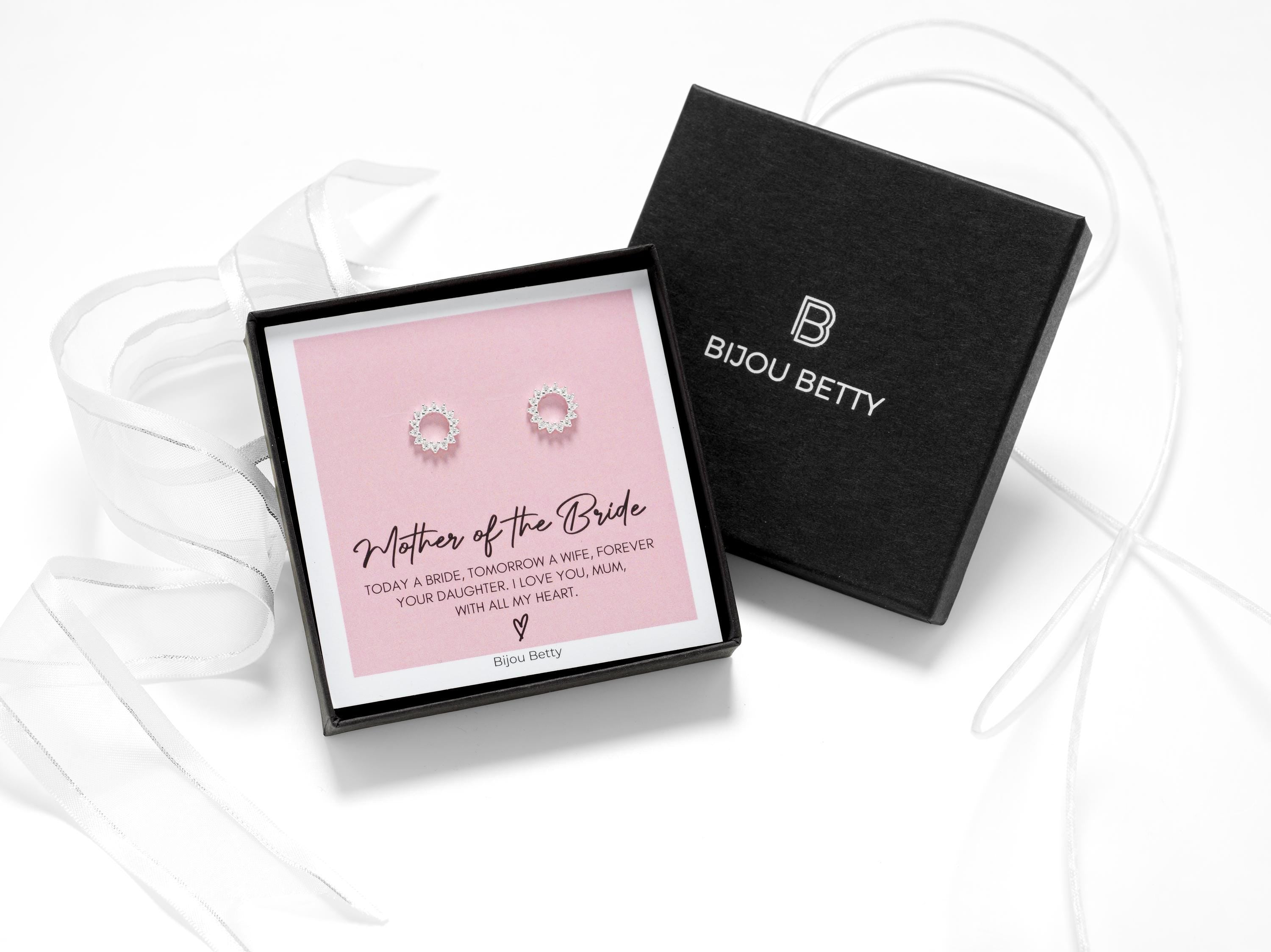 Bijou Betty’s mother of the bride gift set, 925 silver sunburst earrings in gift box with bag, tissue, ribbon, and card.
