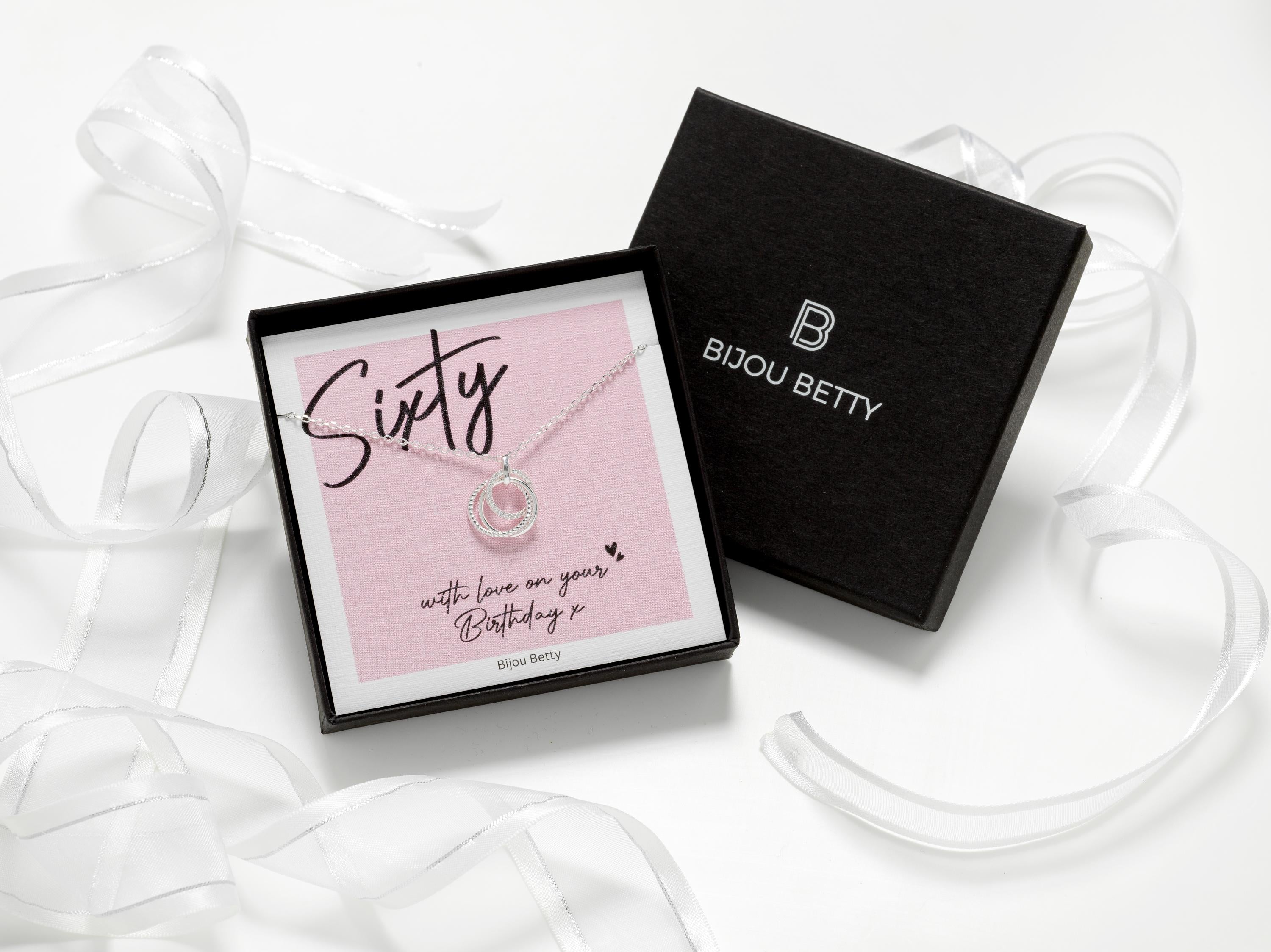 Sterling silver 3-ring necklace with CZ in Bijou Betty gift box with 60th birthday card, ideal for mums.