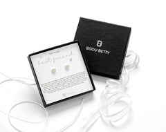 Sterling silver CZ stud earrings for best friend gift, 6mm x 7mm heart shape, in Bijou Betty gift box with card.