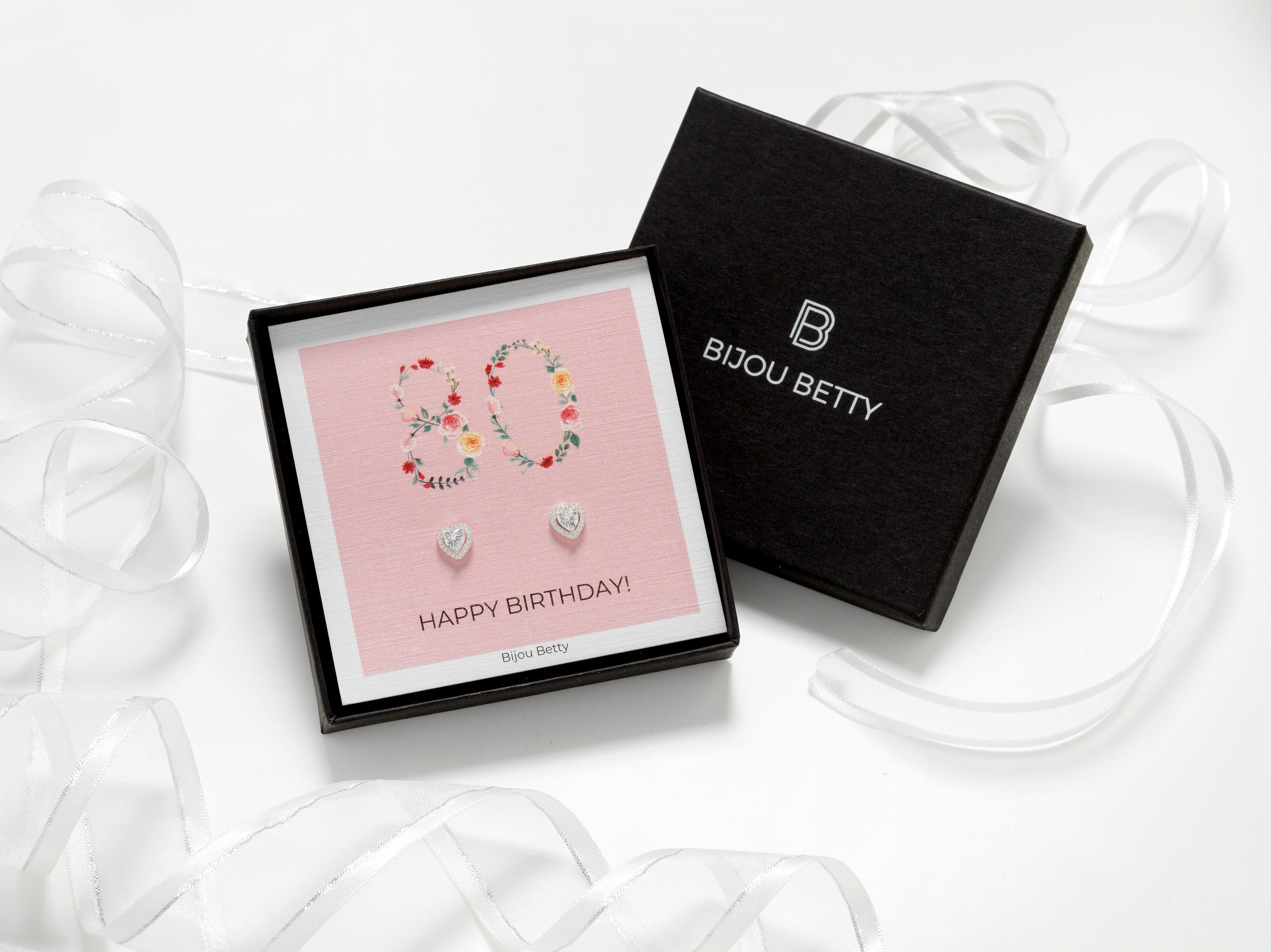 Bijou Betty’s 80th birthday gift set, 925 silver heart studs in a gift box with bag, tissue, and card, 80 Happy Birthday!