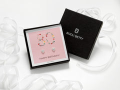Bijou Betty’s 80th birthday gift set, 925 silver heart studs in a gift box with bag, tissue, and card, 80 Happy Birthday!