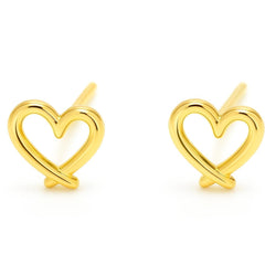 Close-up of gold-plated stainless steel heart earrings, perfect for 18th birthday gifts for sisters or friends.