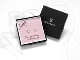Sterling silver heart stud earrings, 11mm x 12mm, in a gift box with a bridesmaid thank you card for wedding appreciation.